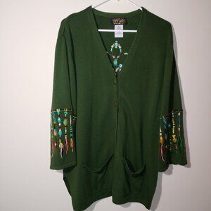 Bob Mackie Wearable Art Southwestern Embroidered Sweater Cardigan Sz XL Green